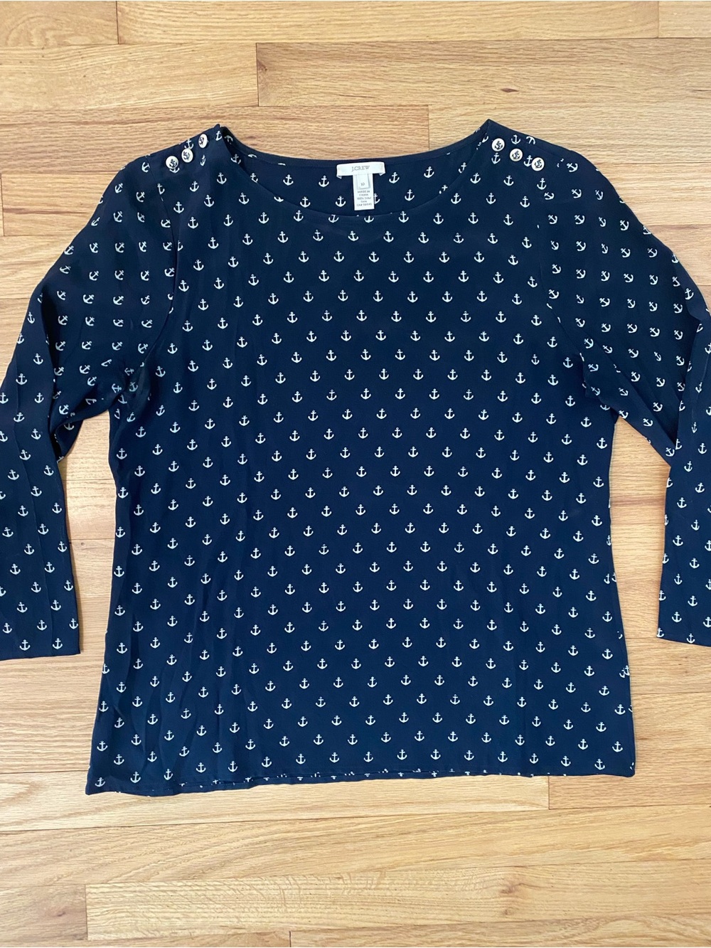 J.Crew 100% Silk Anchor Print Shoulder Button Top Navy Blue